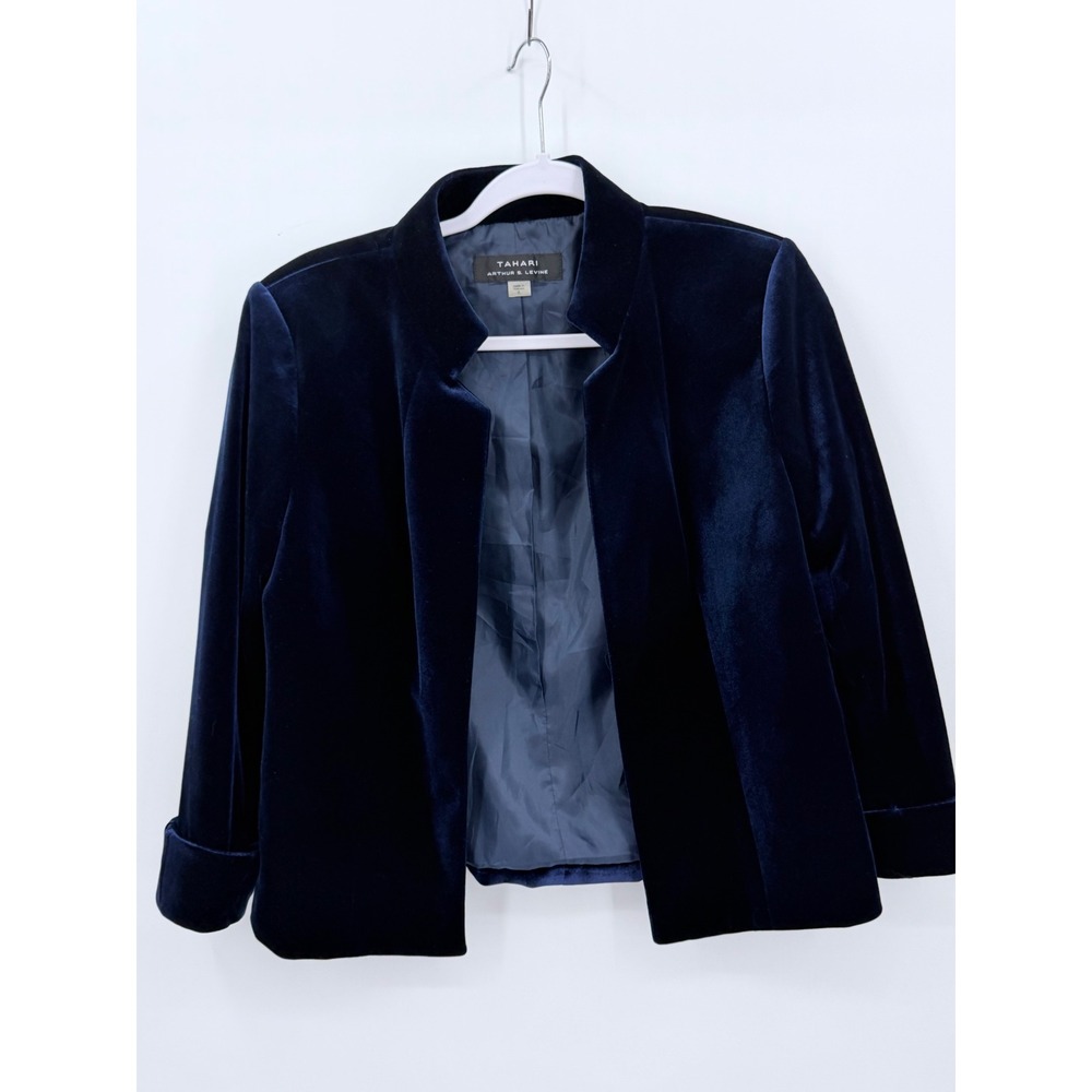 Tahari Blazer Women 8 Navy Blue Velvet Open Front Cuffed Sleeve Split Collar